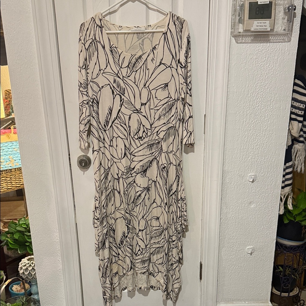 bryn Walker Cream Dress with Black Leaf Print High-Low Hem